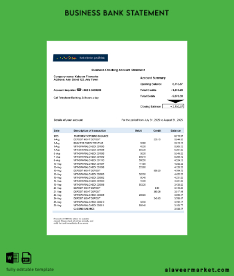 Banka of Ürdün firm account Hesap Özeti Word and PDF Şablon