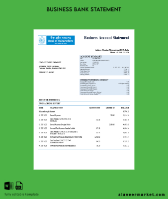 Banka of Maharashtra İşletme account Hesap Özeti Word and PDF Şablon