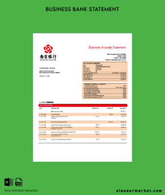 Banka of Nanjing corporate checking account Hesap Özeti Word and PDF Şablon