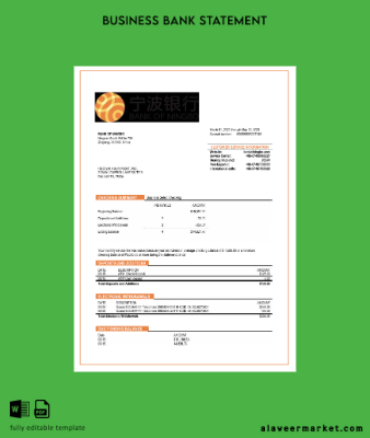 Banka of Ningbo İşletme Banka Hesap Özeti Word and PDF Şablon