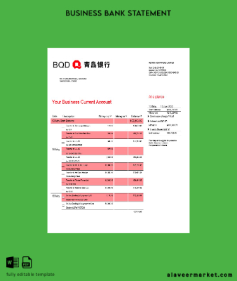 Banka of Qingdao firm Hesap Özeti Word and PDF Şablon