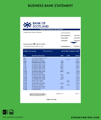Banka of Scotland corporate checking account Hesap Özeti Word and PDF Şablon