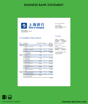 Banka of Shanghai firm account Hesap Özeti Word and PDF Şablon