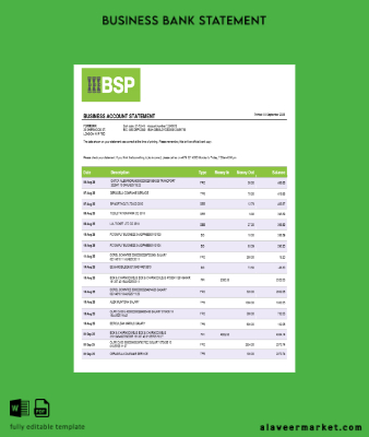 Banka of South Pacific İşletme Banka Hesap Özeti Word and PDF format