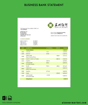 Banka of Suzhou firm account Hesap Özeti Word and PDF Şablon