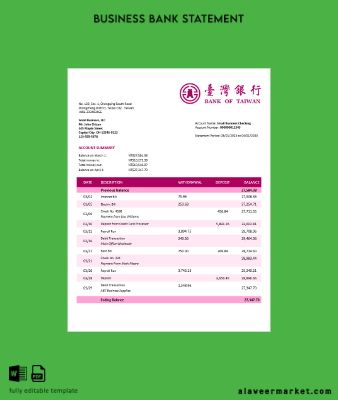 Banka of Tayvan Şirket checking account Hesap Özeti Word and PDF Şablon