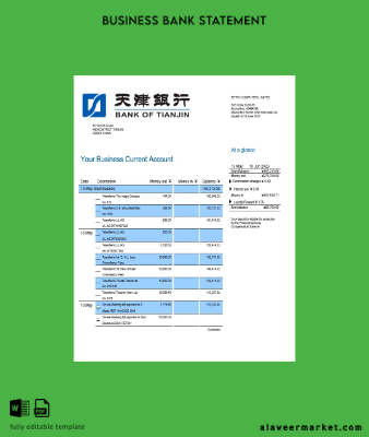 Banka of Tianjin İşletme Hesap Özeti Word and PDF Şablon