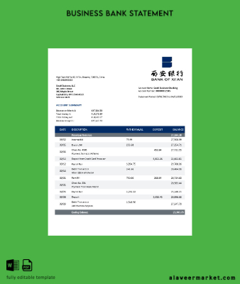 Banka of Xi’An enterprise account Hesap Özeti Word and PDF Şablon