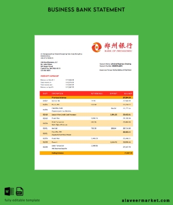 Banka of Zhengzhou firm account Hesap Özeti Word and PDF Şablon