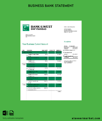 Banka of the West Şirket checking account Hesap Özeti Word and PDF Şablon