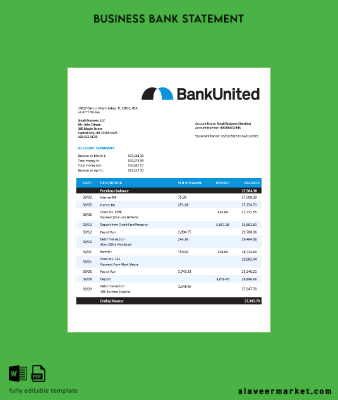 Banka enterprise account Hesap Özeti Word and PDF Şablon