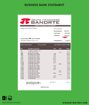 Banorte Banka enterprise Hesap Özeti Word and PDF Şablon