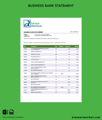 Banque Atlantique İşletme firm Hesap Özeti Word and PDF format