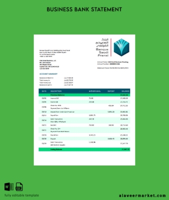 Banque Suudi Arabistan Fransi Şirket checking account Hesap Özeti Word and PDF Şablon