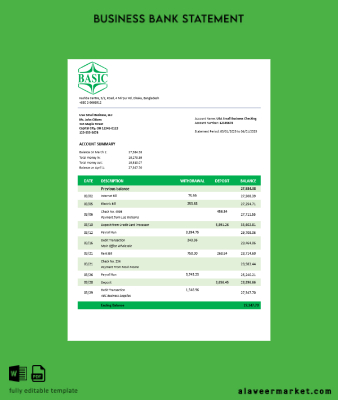 Basic Banka enterprise account Hesap Özeti Word and PDF Şablon