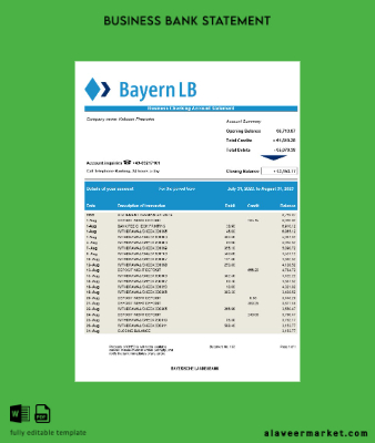 Bayerische Banka Banka firm account Hesap Özeti Word and PDF Şablon