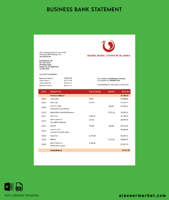 Beijing Rural Commercial Banka Şirket Hesap Özeti Word and PDF Şablon
