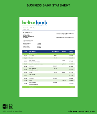 Belizean Banka Şirket checking account Hesap Özeti Word and PDF Şablon