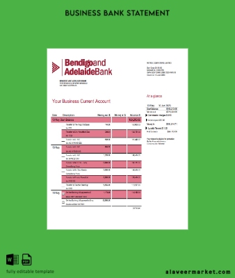 Bendigo and Kimlik Kartı Banka Şirket account Hesap Özeti Word and PDF Şablon