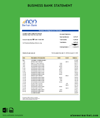Berhan Banka İşletme firm account Hesap Özeti Word snd PDF format