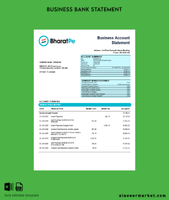 Bharatpe organization checking account Hesap Özeti Word and PDF Şablon