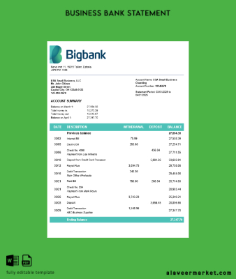 Banka firm account Hesap Özeti Word and PDF Şablon