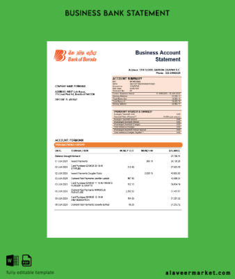 Bob Banka of Boroda Banka organization checking account Hesap Özeti Word and PDF Şablon
