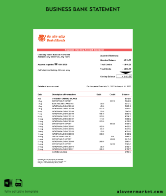 Bob Banka of Boroda firm account Hesap Özeti Word and PDF Şablon