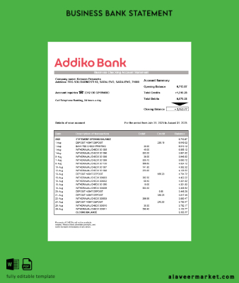 Bosnian Addiko enterprise account Hesap Özeti Word and PDF Şablon