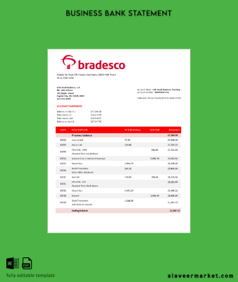 Bradesco Banka corporate account Hesap Özeti Word and PDF Şablon