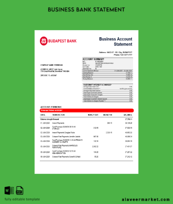 Budapest Banka – Szolnoki Fiók İşletme firm account Banka Hesap Özeti Word and PDF format
