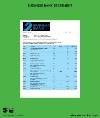 Burgan Banka enterprise account Hesap Özeti Word and PDF Şablon