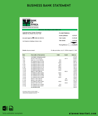 Burundi Banka of Africa Banka organization checking account Hesap Özeti Word and PDF format
