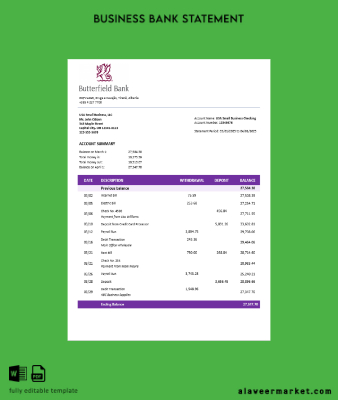 Butterfield Banka organization checking account Hesap Özeti Word and PDF format