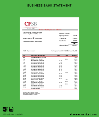 CFSB İşletme firm Hesap Özeti Word and PDF format