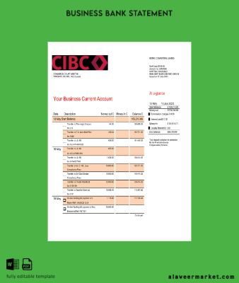 CIBC Banka Şirket checking account Hesap Özeti Word and PDF Şablon