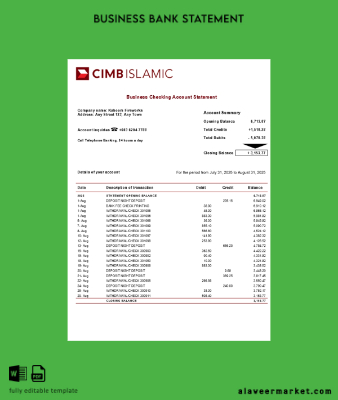 CIMB Islamic Şirket checking account Hesap Özeti Word and PDF Şablon (1)