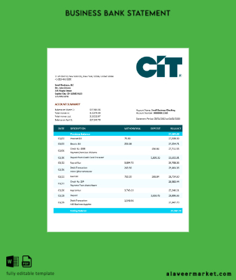 CIT Banka İşletme checking account Hesap Özeti Word and PDF Şablon
