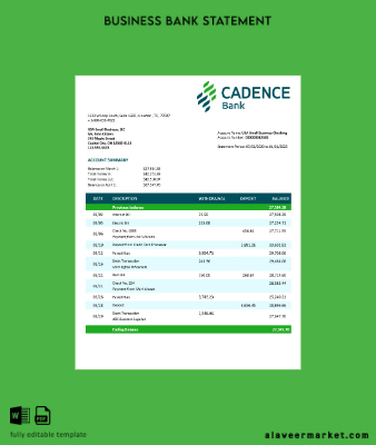 Cadence Banka corporate checking account Hesap Özeti Word and PDF Şablon