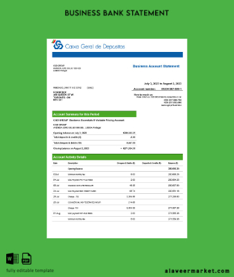 Caixa Geral de Depósitos İşletme Banka Hesap Özeti Word and PDF Şablon