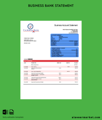 California Banka & Trust organization checking account Hesap Özeti Word and PDF Şablon