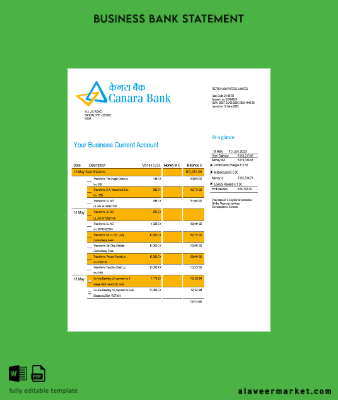 Canara Banka corporate checking account Hesap Özeti Word and PDF Şablon