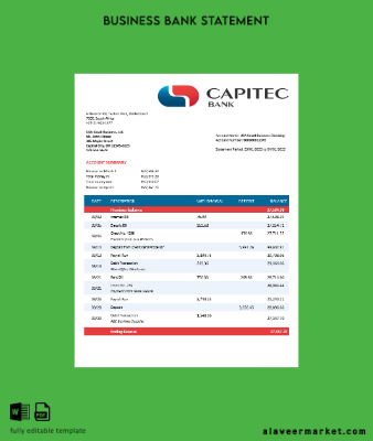 Capitec Banka firm account Hesap Özeti Word and PDF Şablon