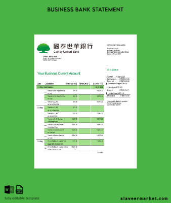 Cathay United Banka enterprise account Hesap Özeti Word and PDF Şablon
