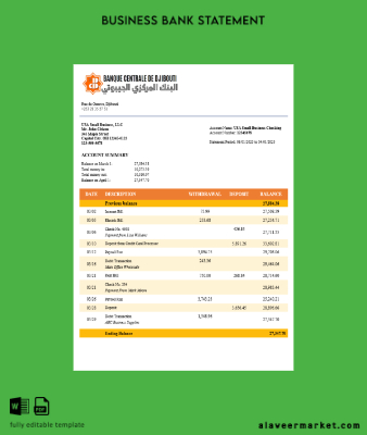Central Banka of Djiboutian Şirket checking account Hesap Özeti Word and PDF Şablon