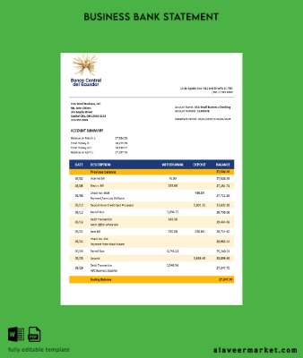 Central Banka of Ekvador İşletme Banka Hesap Özeti Word and PDF format