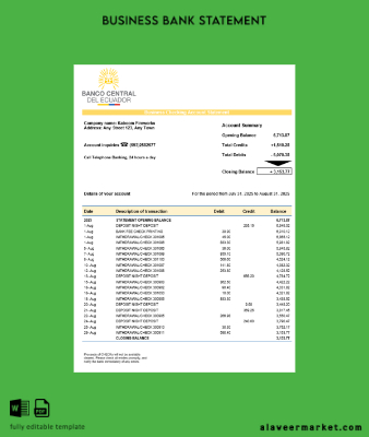 Central Banka of Ekvador organization checking account Hesap Özeti Word and PDF format