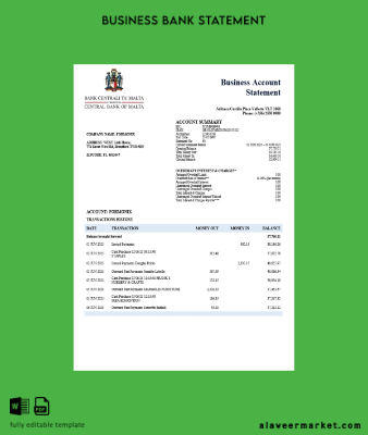 Central Banka of Malta firm account Hesap Özeti Word and PDF Şablon (1)
