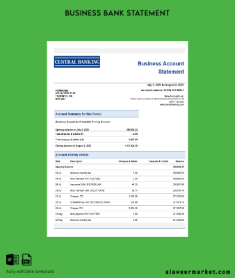 Central Banka İşletme Hesap Özeti Word and PDF format