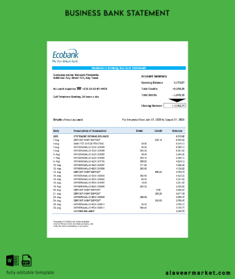 Chad Banka organization checking account Hesap Özeti Word and PDF Şablon